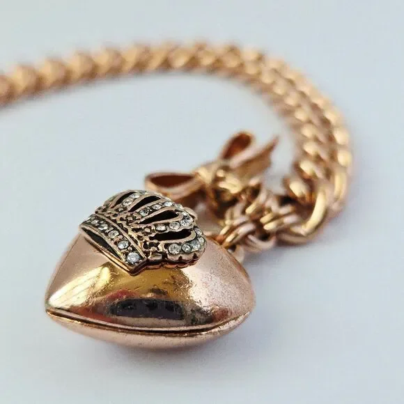 2013 Vintage Juicy Couture Rose Gold Heart Locket Bracelet Bow Toggle Closure - Picture 10 of 11